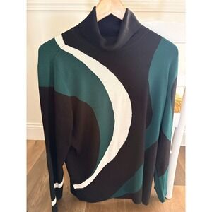 Chico's Geo Intarsia Turtleneck Sweater Black Green Ivory Size 4 XXL
